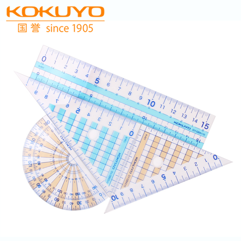 KOKUYO 国誉 日本KOKUYO国誉尺子套装GY-GBA501多功能透明量角器塑料直尺15cm三角尺测量套尺三角板学生文具 28.31元