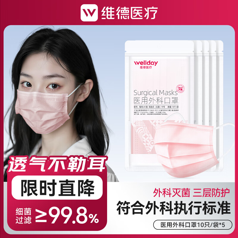 维德 一次性医用外科口罩挂耳式三层无菌级防病毒细菌秋冬季透气防风 粉色50只 9.9元
