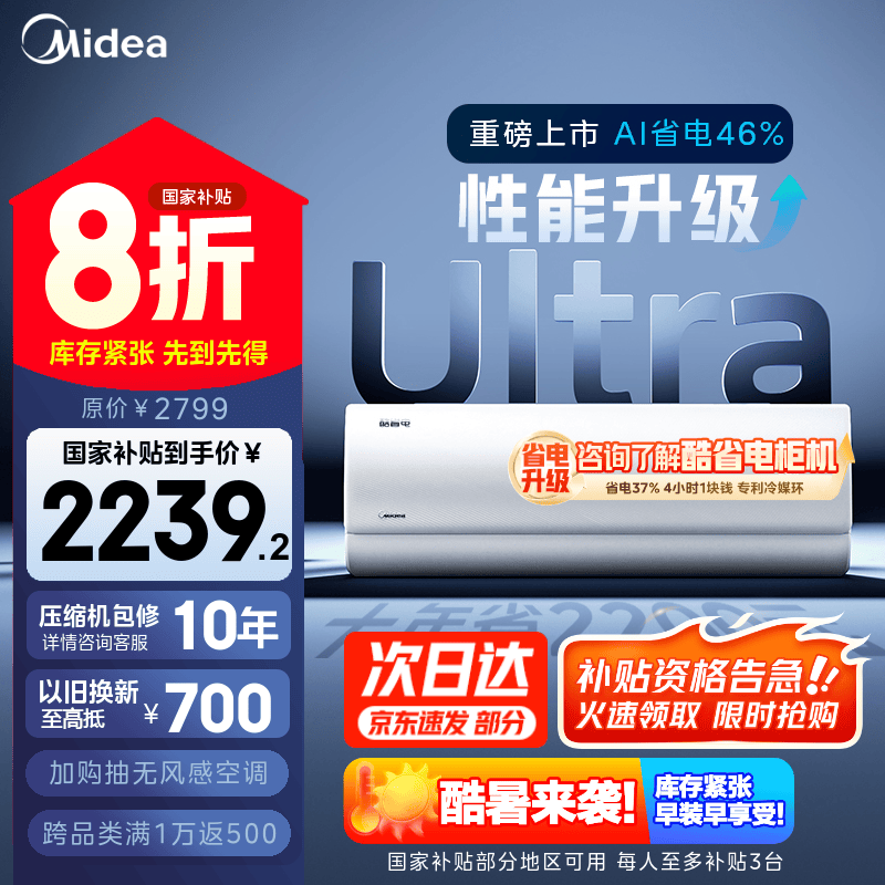 美的 酷省电Ultra系列 KFR-35GW/N8KS1-1U 新一级能效 壁挂式空调 1.5匹 2239.2元(需用券)
