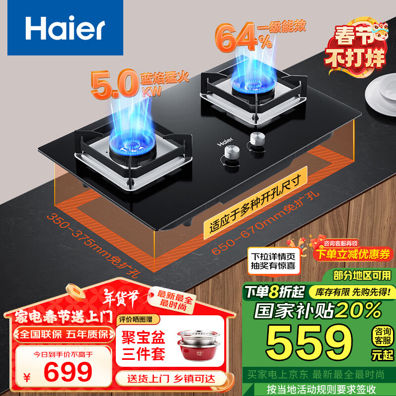 海尔 Haier 燃气灶液化气灶 家用双灶具厨房 5.0kw液化气 64%热效率 钢化玻璃面