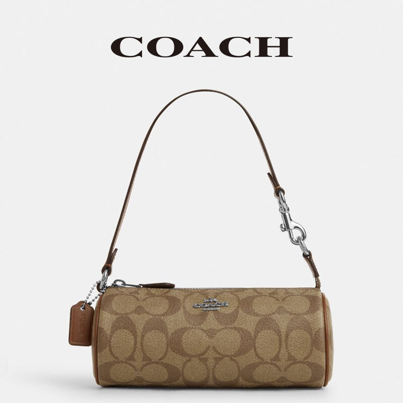 COACH 蔻驰 女包包奢侈品圆筒包女士经典双C印花单肩手提包 深卡其色CP475SVWQ3