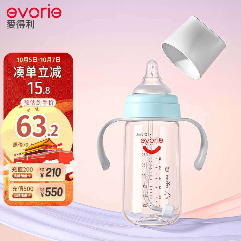 evorie 爱得利 婴儿奶瓶 宽口径双手柄带重力球Tritan奶瓶240ml 蓝(6个月+) 54.15元