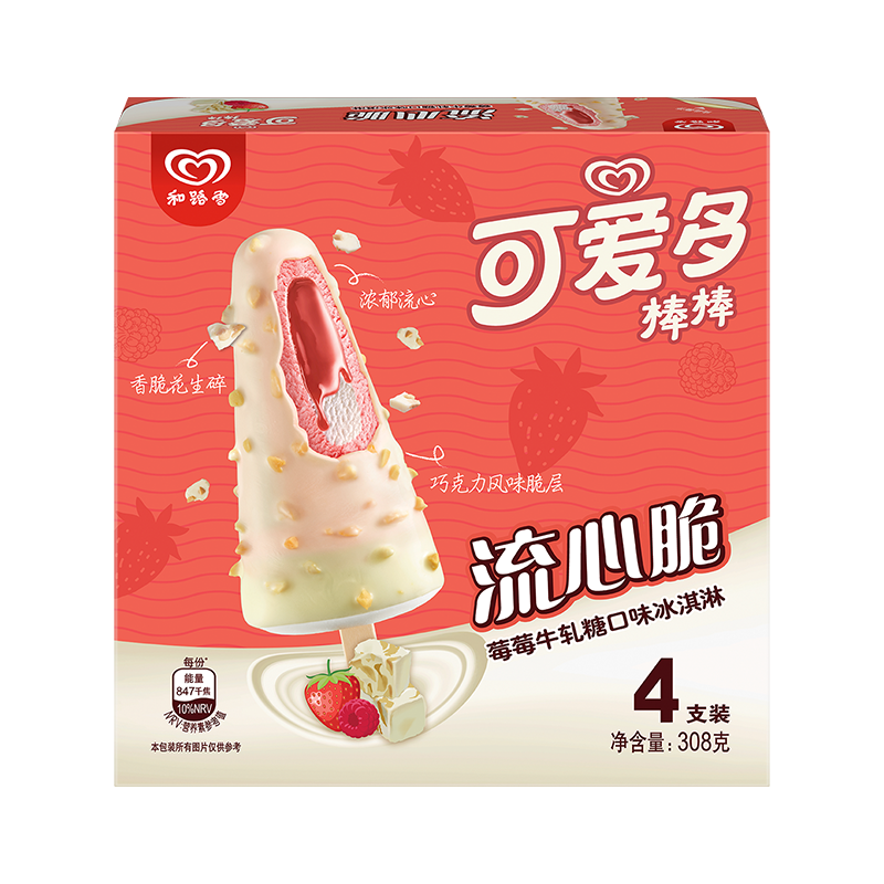 可爱多 和路雪 流心脆莓莓牛轧糖口味冰淇淋 77g*4支*6件 53.58元（合8.93元/件