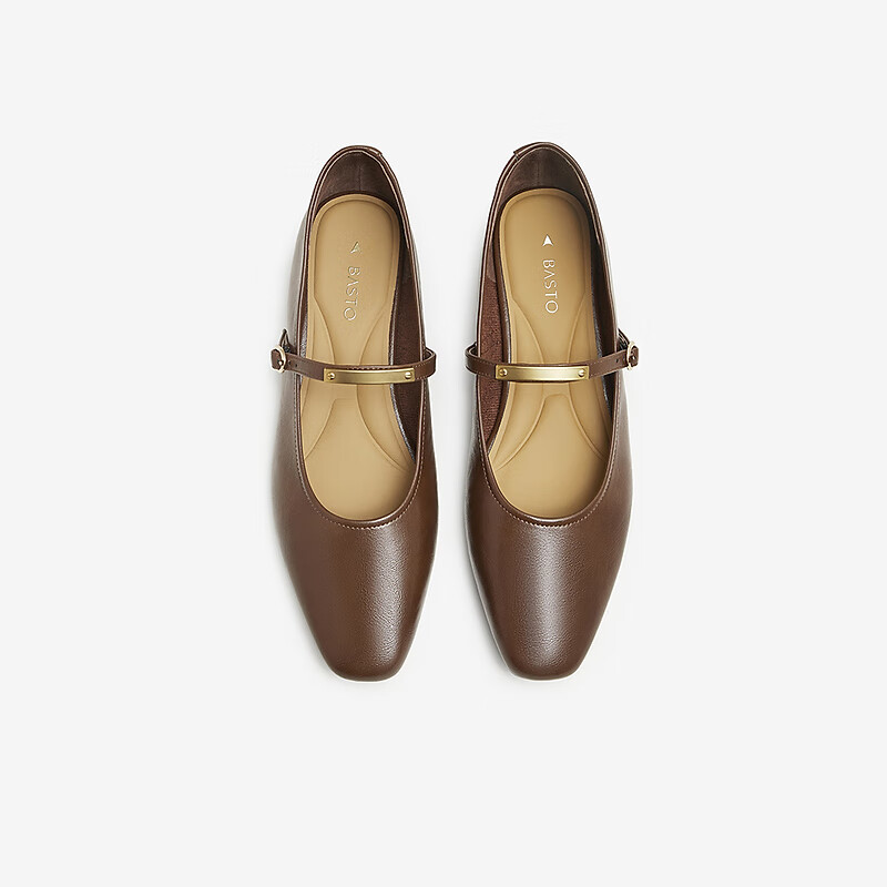 百思图 月光鞋春夏商场新款法式玛丽珍小皮鞋女平底单鞋M1015CQ4 啡色（月光