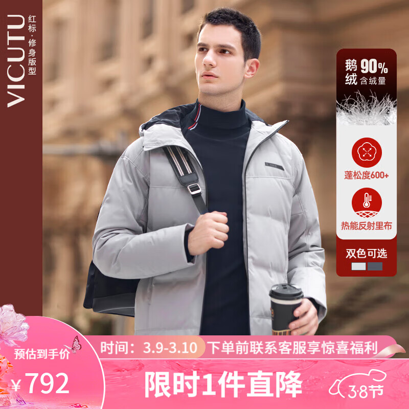 VICUTU 威可多 男士羽绒服鹅绒保暖修身外套VRS88472503 浅灰色 180/96A/XL 791.56元