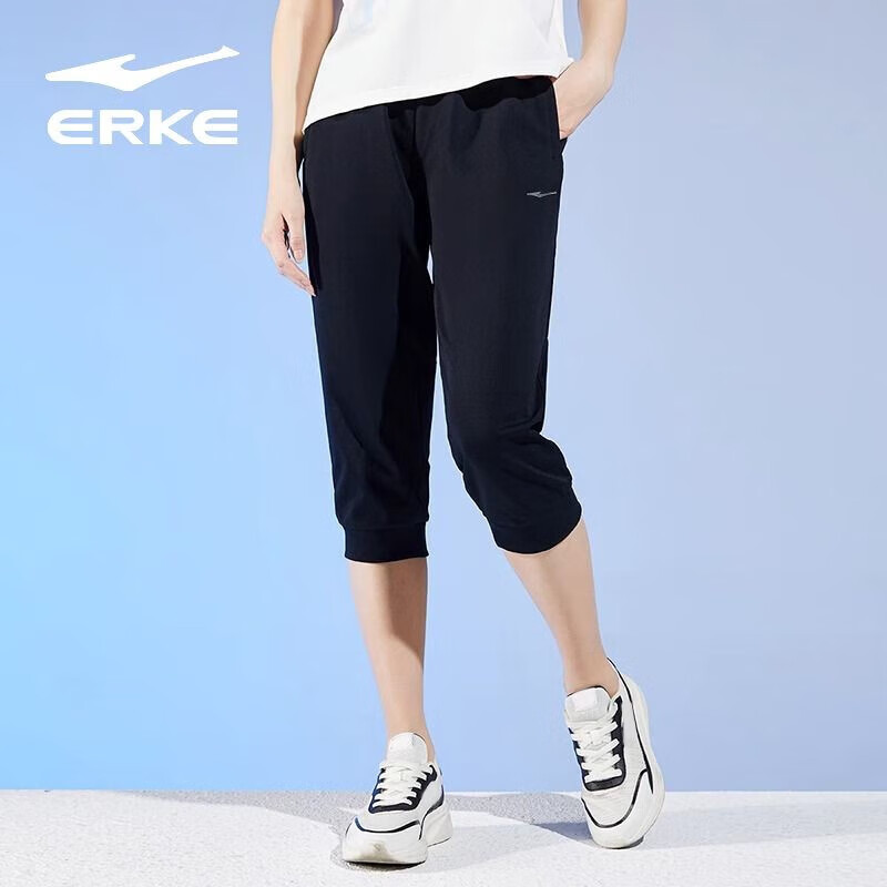 ERKE 鸿星尔克 女裤运动七分裤夏季针织薄款透气时尚百搭女士黑色休闲裤子