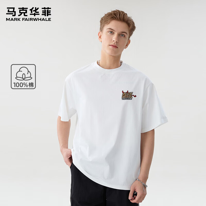 马克华菲（MARK FAIRWHALE）夏季220克休闲t恤男短袖重磅纯棉宽松圆领趣味小恶
