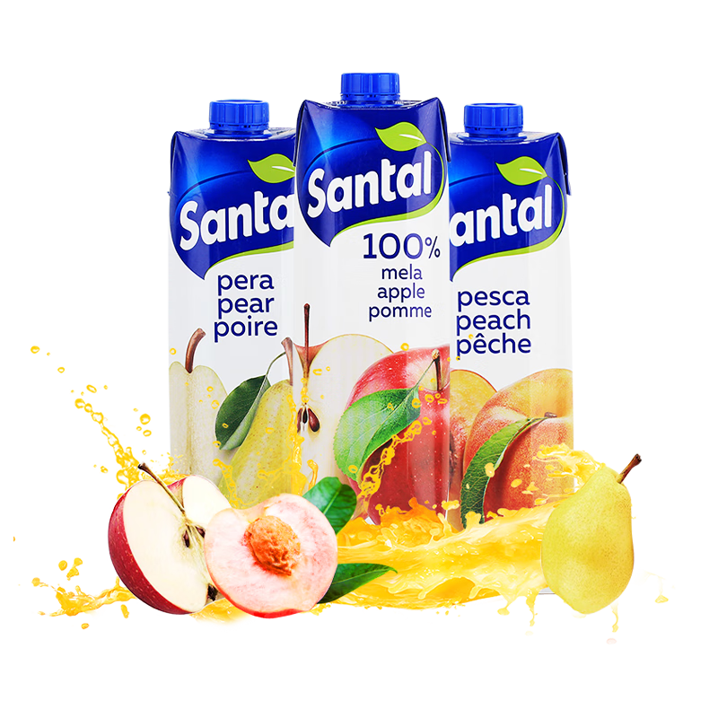 PLUS：圣涛（SANTAL）意大利100﹪苹果汁梨汁桃汁1L*3瓶组合 纯果汁饮料 34.1元