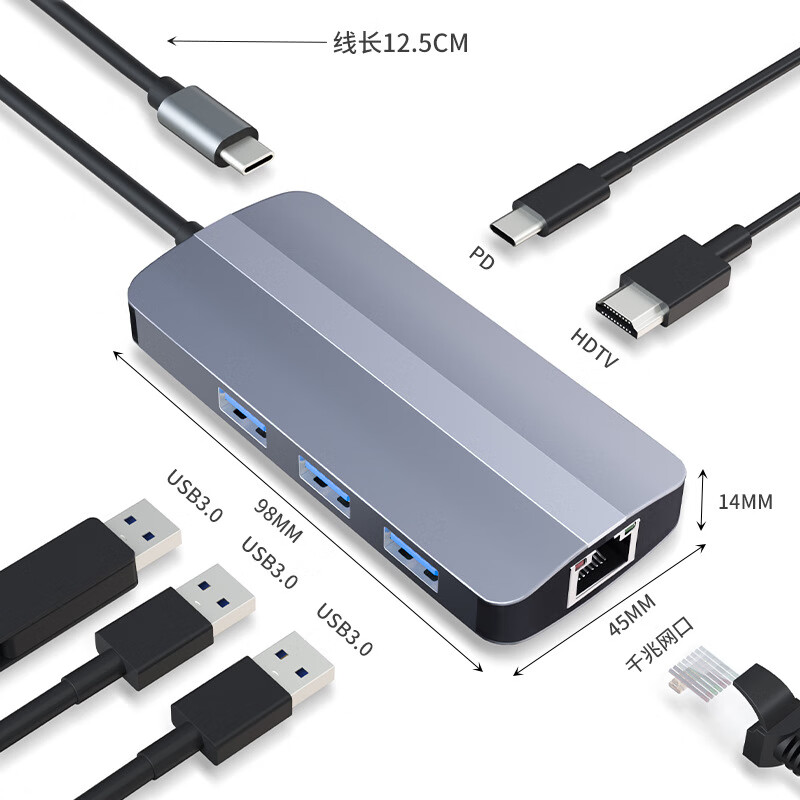 可芝 KERZY 分线器扩展坞type-c转接千兆网线拓展坞投屏USB-C转usb3.0*3+PD+RJ45+HDMI 