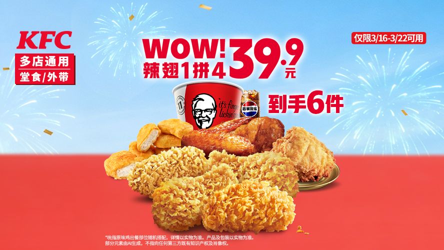 美团到店 肯德基 WOW辣翅1拼4 39.9元
