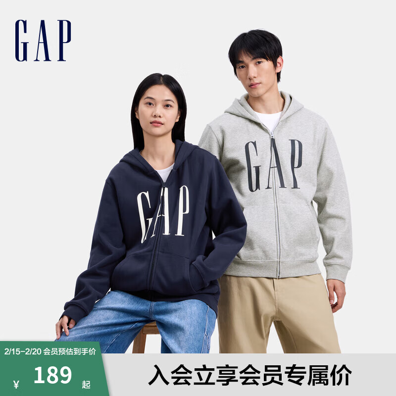 Gap 男女装2024秋季新款印花字母logo抓绒连帽卫衣休闲660128外套 灰色 170/92A(M) 