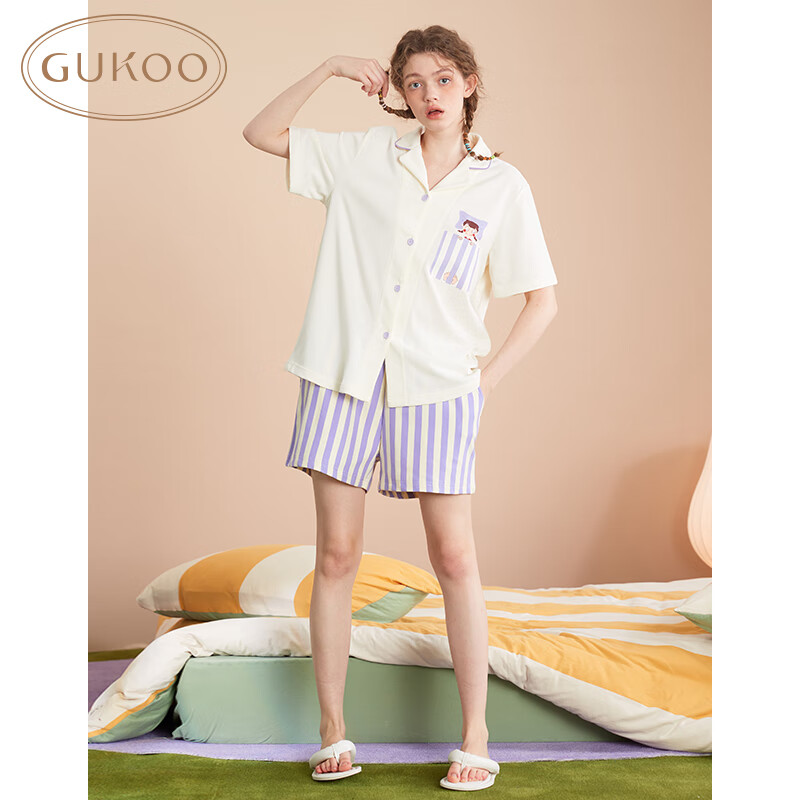 GUKOO 果壳 旗下YSO睡衣女夏季翻领开衫简约夏季睡衣套装B 椰奶白套装 M 68.51