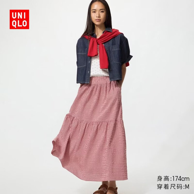 优衣库 层叠长裙 半身裙 486098 红色 M
