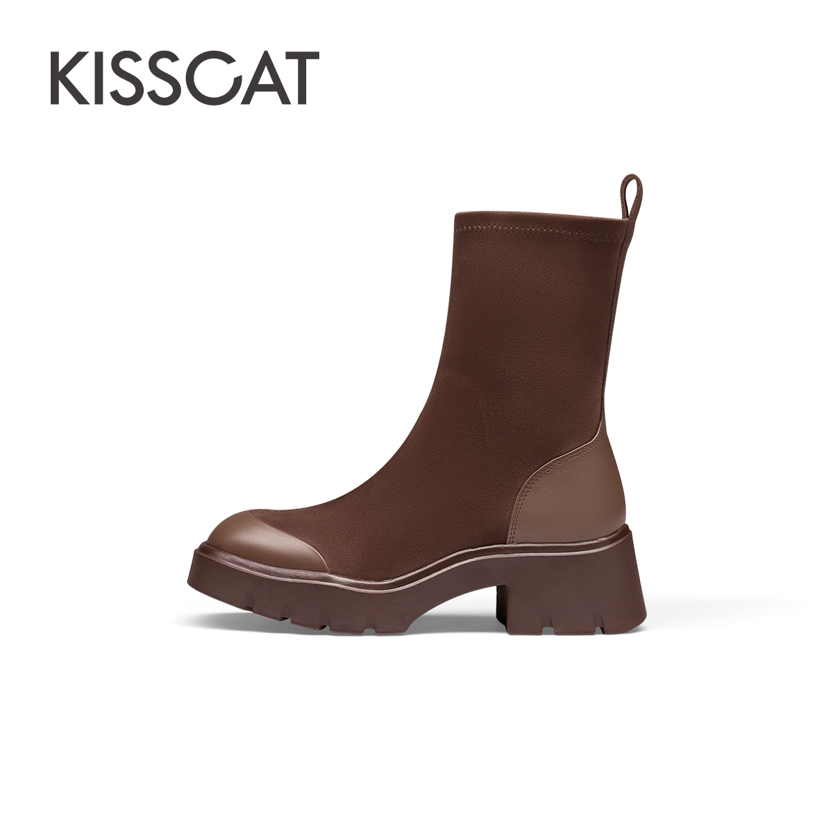 KISSCAT 接吻猫 2023年秋冬新款简约时尚中筒靴复古增高弹力袜靴女 607.05元（