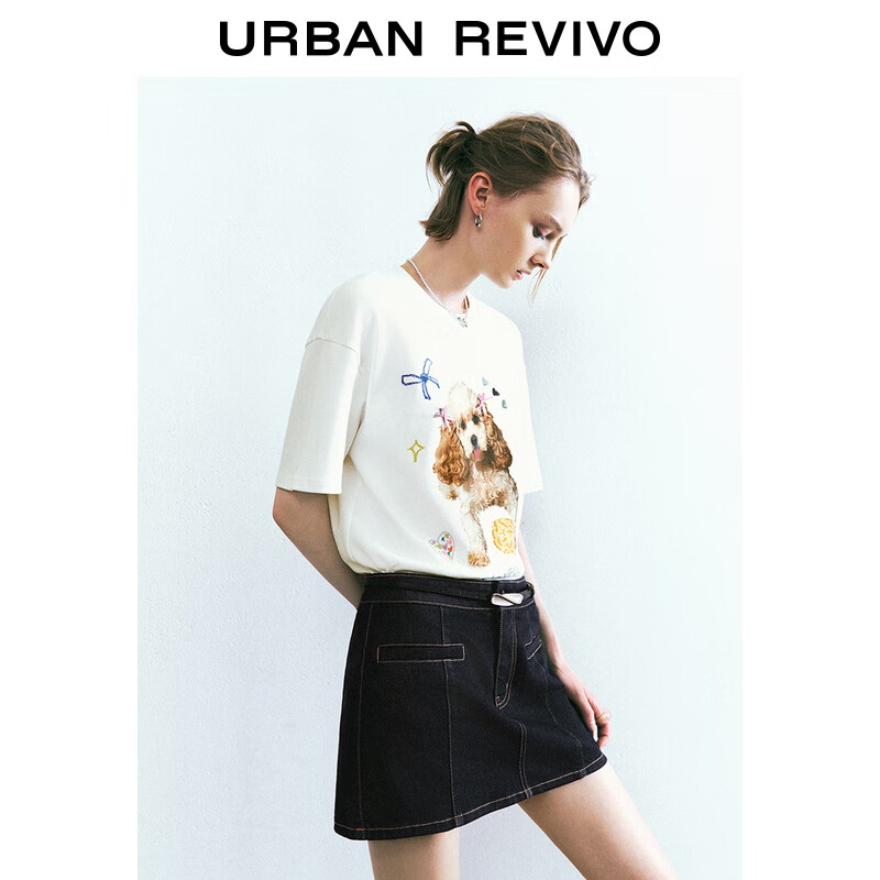 URBAN REVIVO UR2024秋季女装时髦趣味萌宠印花蝴蝶结短袖T恤UYU440026 本白 XL 159元