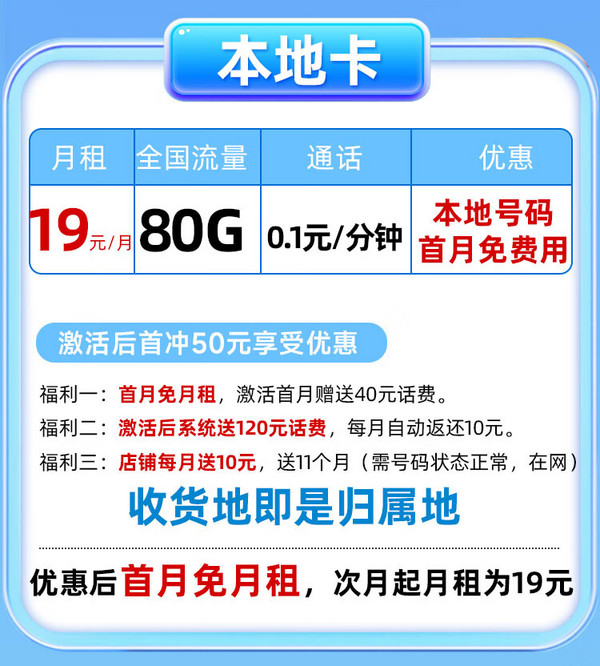 中国移动 CHINA MOBILE 本地卡 首年19元月租（本地号码+80G全国流量+畅享5G）赠20元E卡