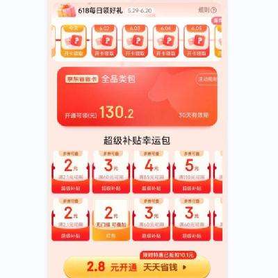 限部分用户：京东省省卡 2.8元开卡 送价值130.2元全品类券包 618期间每日享