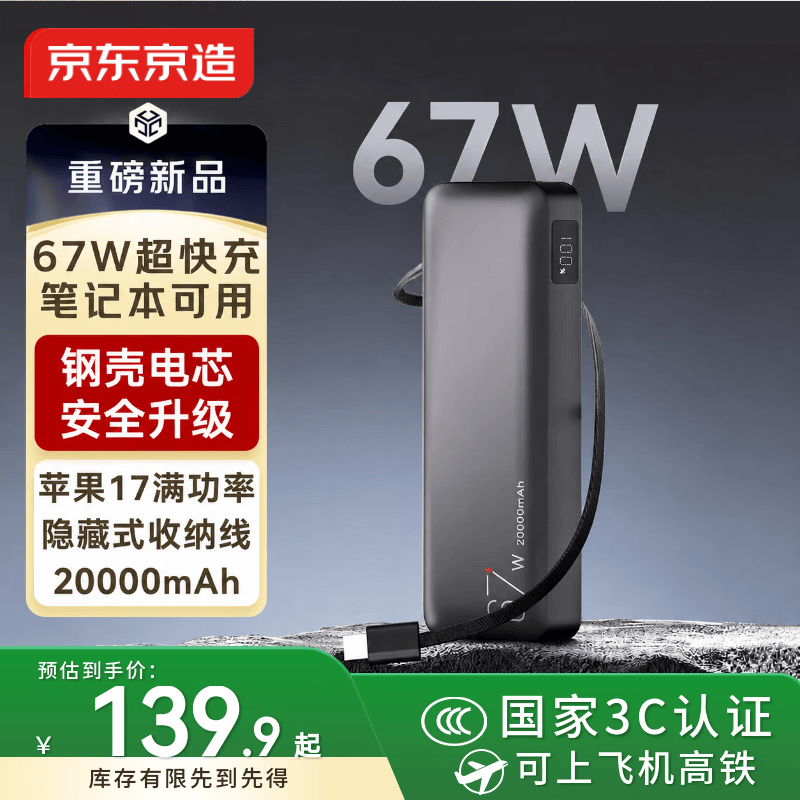 京东京造 67W快充 充电宝 自带线 20000mAh 139.89元 - 线报酷