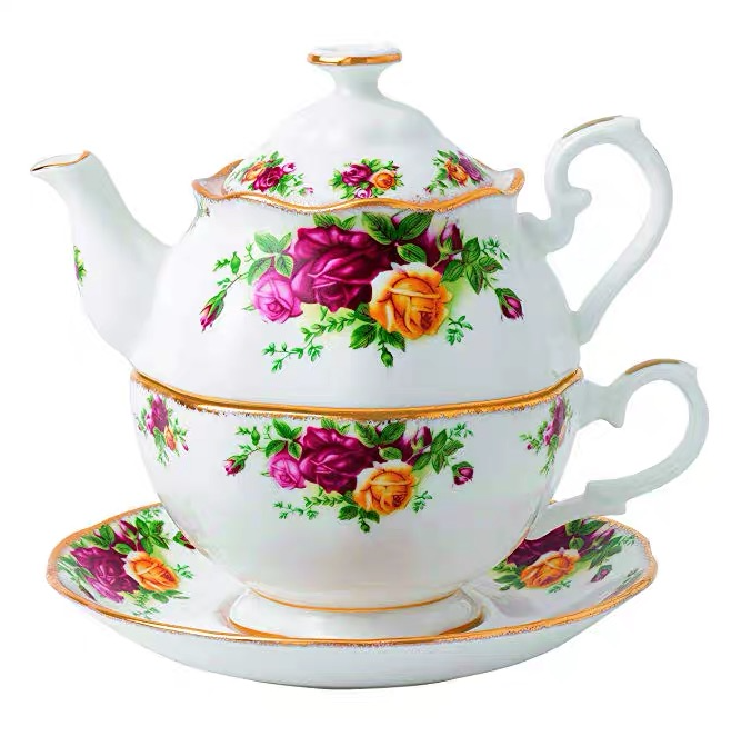 戴安娜王妃最爱系列，Royal Albert 皇家阿尔伯特 老镇玫瑰系列 骨瓷 复古镶金茶壶套装424.17元
