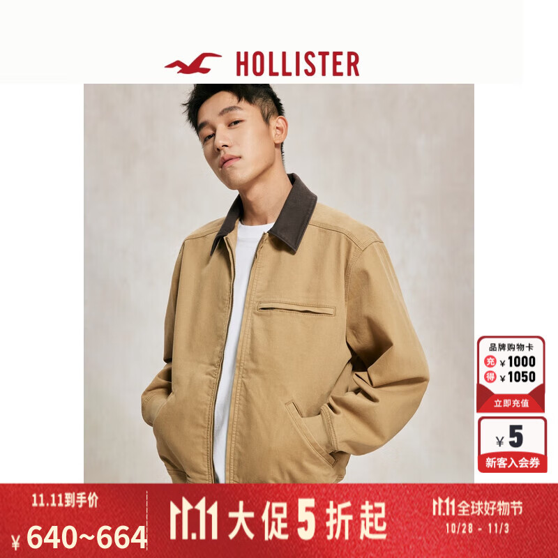 HOLLISTER 24秋冬新款情侣工装翻领宽松夹克外套 男女 KI332-4132 浅棕色 M (180/100A