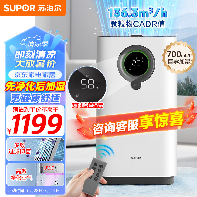 苏泊尔 加湿器空气净化器700ml/h全 839元（需用券）