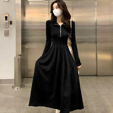 FOURDATRY 黑色长袖连衣裙女秋季2024小众半拉链设计收腰显瘦中长款裙子 黑色 