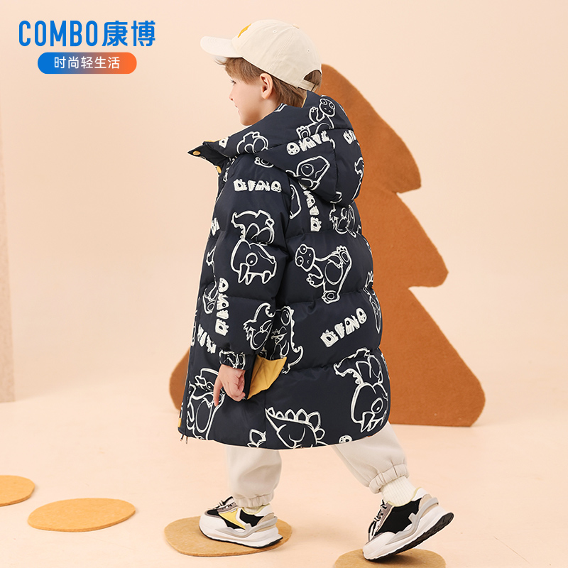 康博 COMBO 儿童羽绒服中长款男童可爱宝宝保暖加厚冬装连帽恐龙外套 149.63