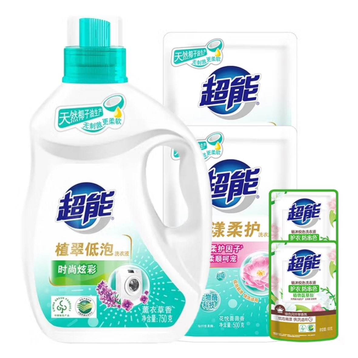 PLUS专享立减：超能 洗衣液四件套 750g 1瓶 +500g+100g*2 15.75元