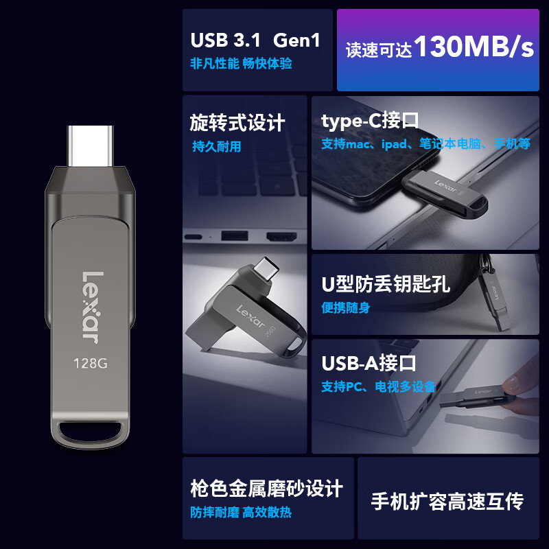 88VIP：Lexar 雷克沙 D400高速U盘128G USB3.1Type-C手机电脑双接口金属U盘 35.06元