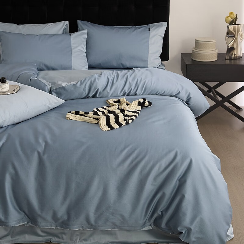 AIDLI 100支新疆长绒棉贡缎纯色四件套床上用品双人被套床单套件 天际蓝 200*2
