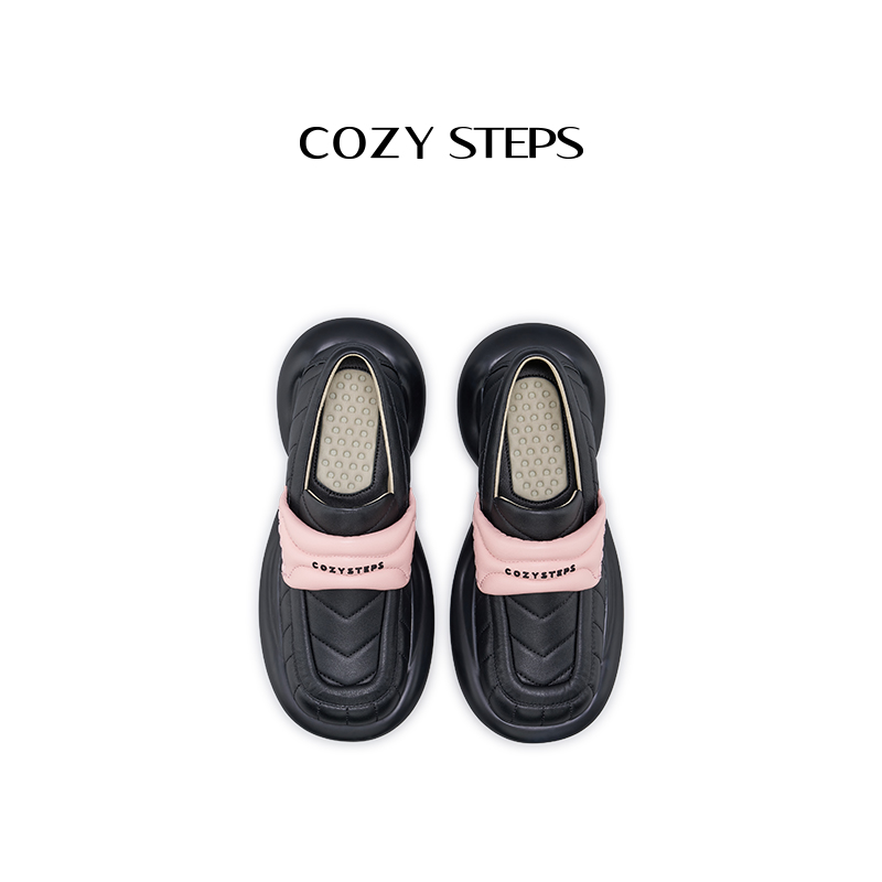 COZY STEPS 可至 春季休闲舒适乐福鞋厚底Q弹增高泡泡鞋 5171 曜石黑+蜜桃粉 5171