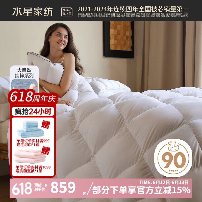 水星家纺 90%白鸭绒被子 220x240cm(适配1.8米床套件) 1161.7元