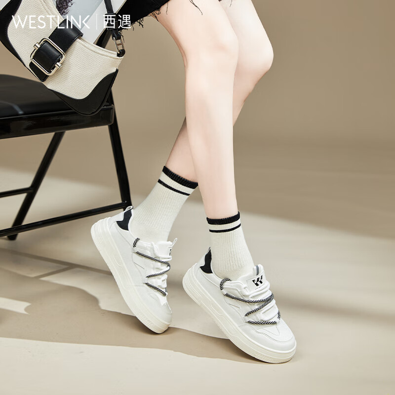 WESTLINK 西遇 厚底小白鞋女夏季解构设计潮流百搭运动休闲鞋 白+黑色 35 83.52