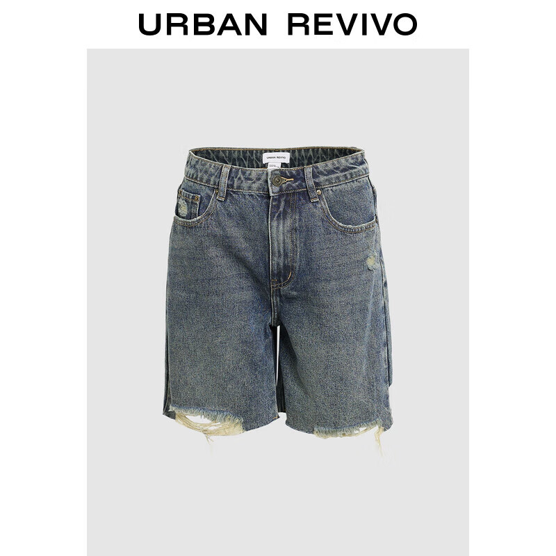 URBAN REVIVO UR2024秋季新款女装街头复古洗水破洞剪边牛仔短裤UYY840005 159元（