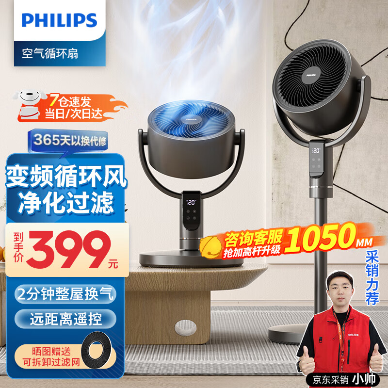 PHILIPS 飞利浦 空气循环扇家用电风扇3D自动摇头直流变频24档轻音无噪立式智