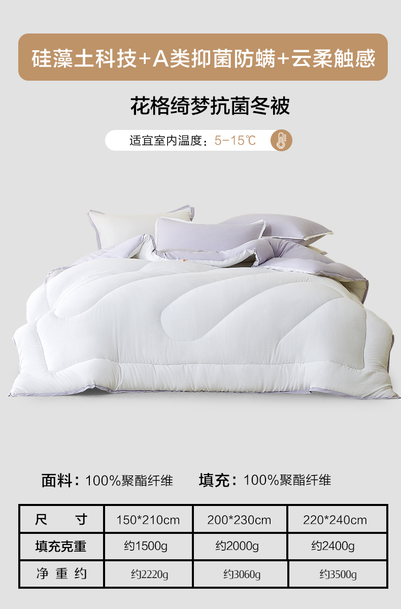 水星家纺 硅藻土抑菌冬被 150cm×210cm 紫水晶色 79.16元