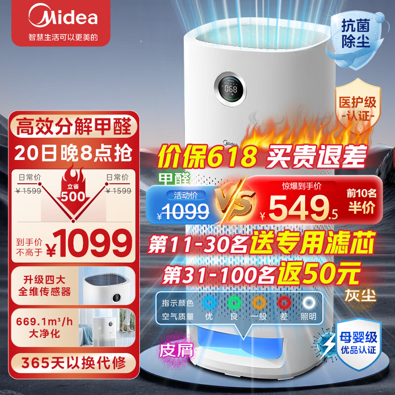Midea 美的 空气净化器 分解式除甲醛异味 1199元（需用券）