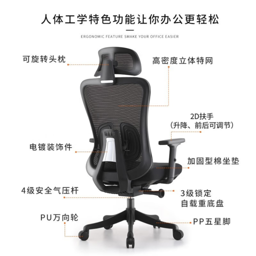 菲迪-至成 人体工学椅电脑椅子 F182-01-黑+海绵座垫 314.21元（需用券）
