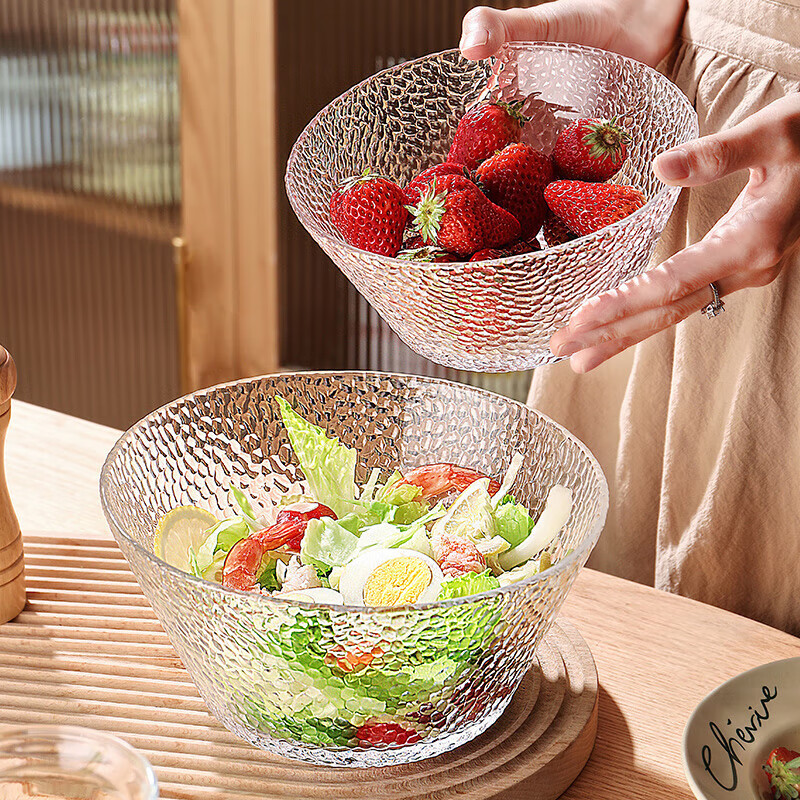CRISTALGLASS 格娜斯 日式玻璃沙拉碗斜口锤纹透明玻璃碗大号蔬菜水果盘甜品