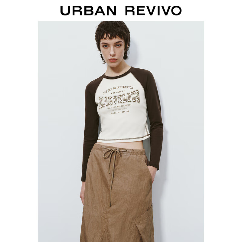 URBAN REVIVO UR2024秋冬女装美式休闲撞色印花插肩袖T恤UYL440045 米白 S 139元（需