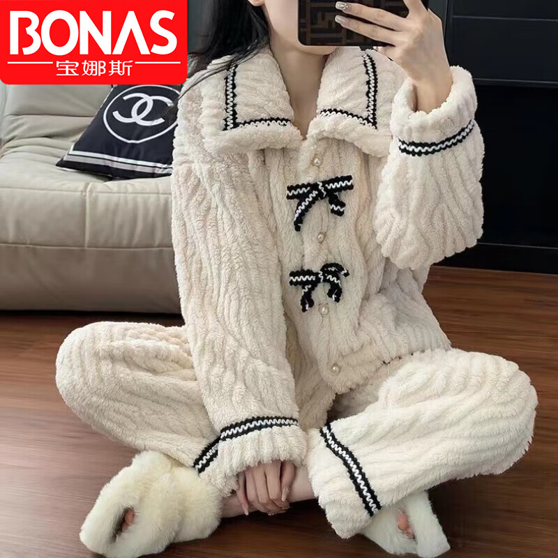 宝娜斯（BONAS）法兰绒绒睡衣两件套女士秋冬季加厚加绒保暖可爱毛绒宽松
