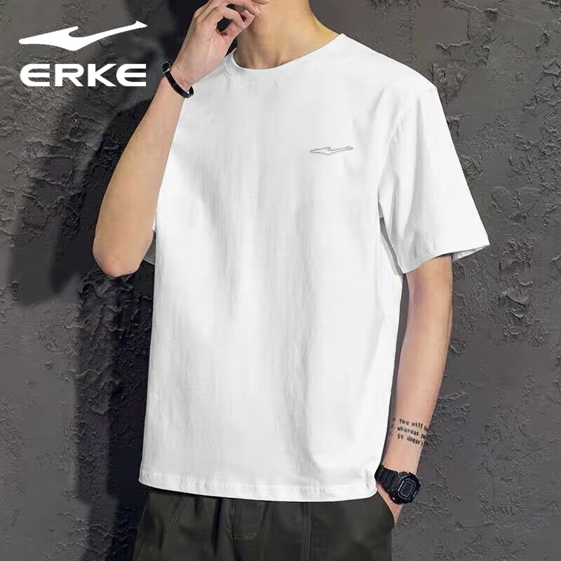 ERKE 鸿星尔克 短袖T恤男夏季新款圆领透气白色学生运动休闲百搭轻便夏装上