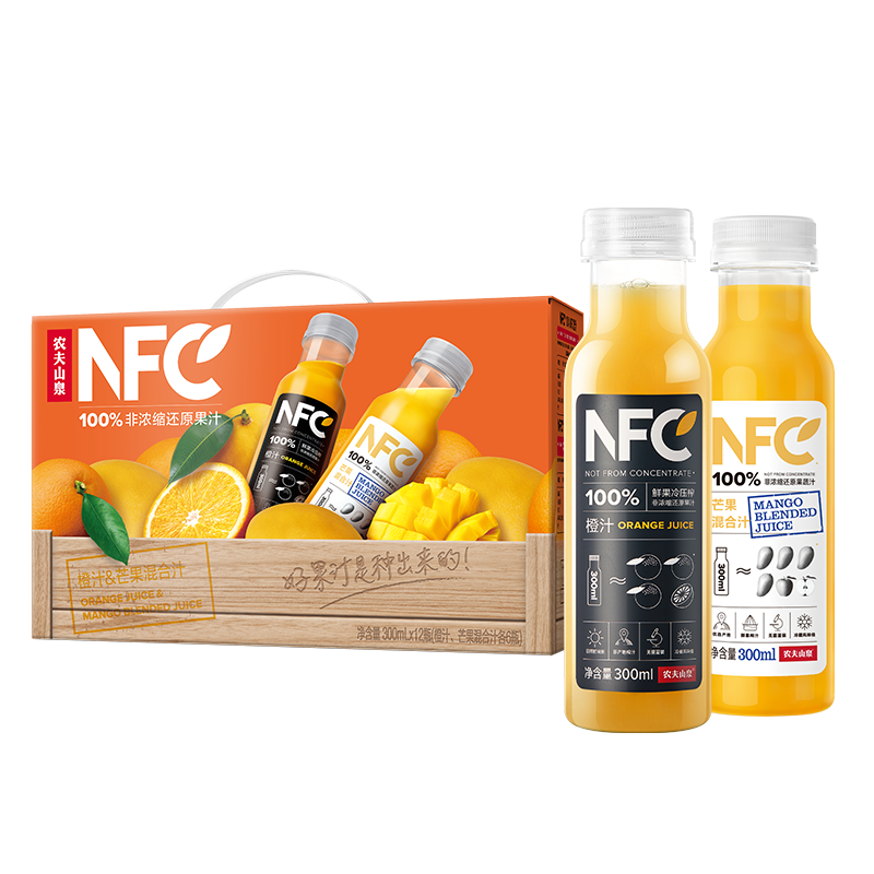 PLUS会员：农夫山泉 100﹪NFC果汁饮料 300ml*12瓶（6瓶橙汁+6瓶芒果混合汁） 52.5