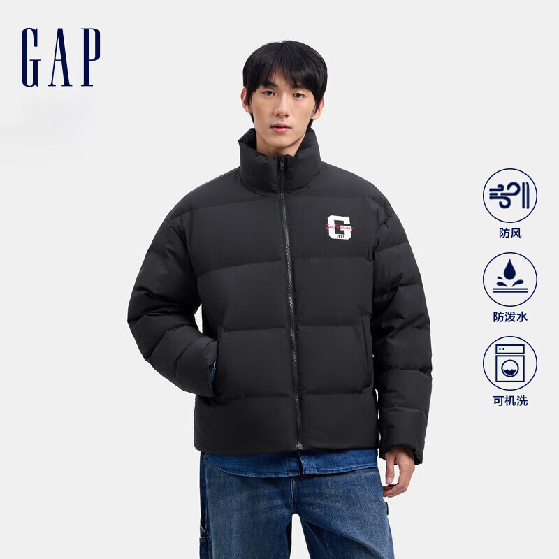 Gap 盖璞 男女装2024秋冬防风防泼水刺绣logo立领677674羽绒服外套 黑色 L (175/96A