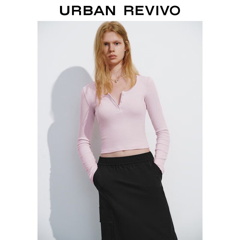 URBAN REVIVO UR2024秋季女装时尚气质纽扣式修身正肩长袖T恤UYY440023 水粉 M 99元