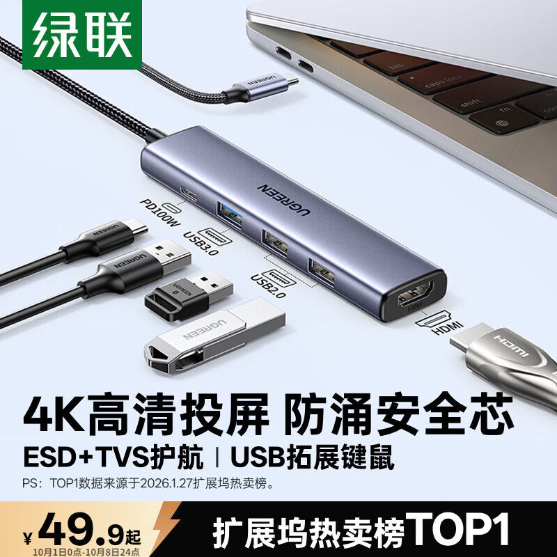 绿联 雷电4Type-C扩展坞 49.9元 - 线报酷