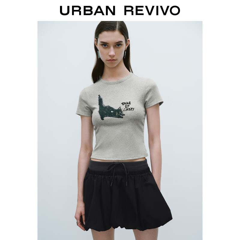 URBAN REVIVO 女士潮流休闲趣味时髦萌宠印花T恤 UWV440209 花灰 M 99元（需用券）