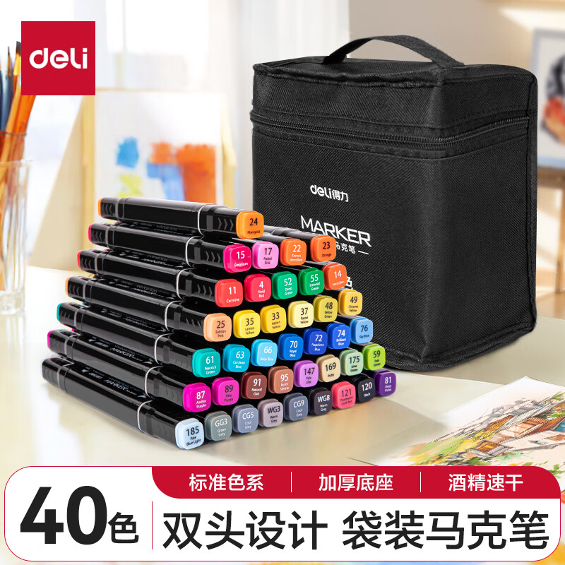 有券的上：deli 得力 HM902-40 双头速干马克笔 40色 11.5元（需买3件，共付38.15