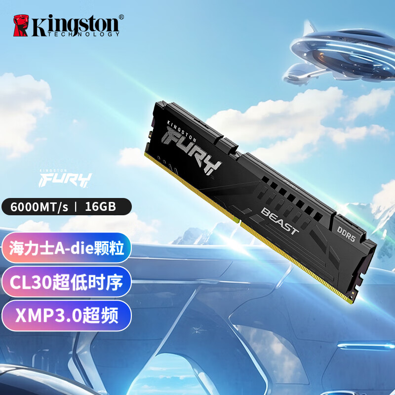 Kingston 金士顿 FURY Beast超级野兽系列 DDR5 6000MHz 台式机内存 马甲条 黑色 16GB C