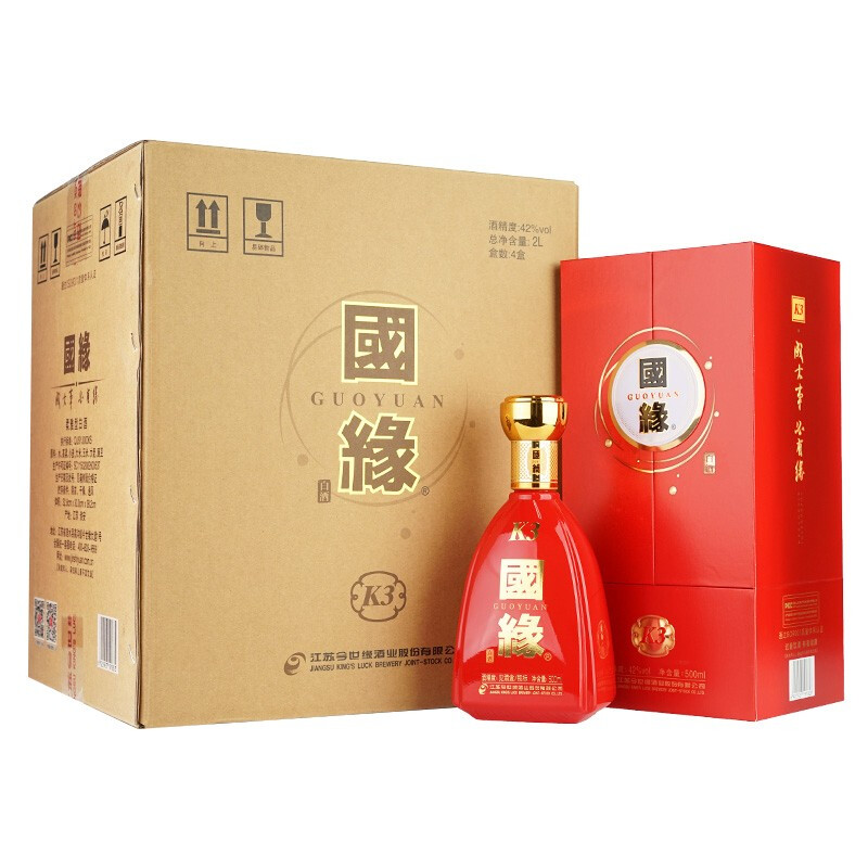 移动端、京东百亿补贴：今世缘 国缘K3 柔雅型白酒 42度 500ml*4瓶 整箱装 年